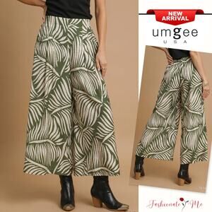 Umgee Tropical Palm Leaf Print Pocket Relaxed Fit Wide Leg Culotte Pants | Olive